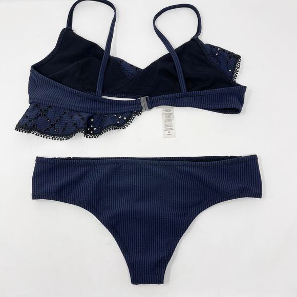 Jonathan Simkhai Striped Ruffle Bikini Set Navy Black Medium Top Small Bottom - Picture 2 of 12